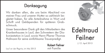 Traueranzeige von Edeltraud Feilner von Pegnitz-Zeitung